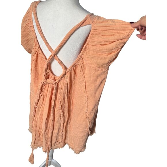 Free People Womens M Peach Angel Mini Dress Babydoll 100% Cotton Boho Chic Gauze - Picture 5 of 12